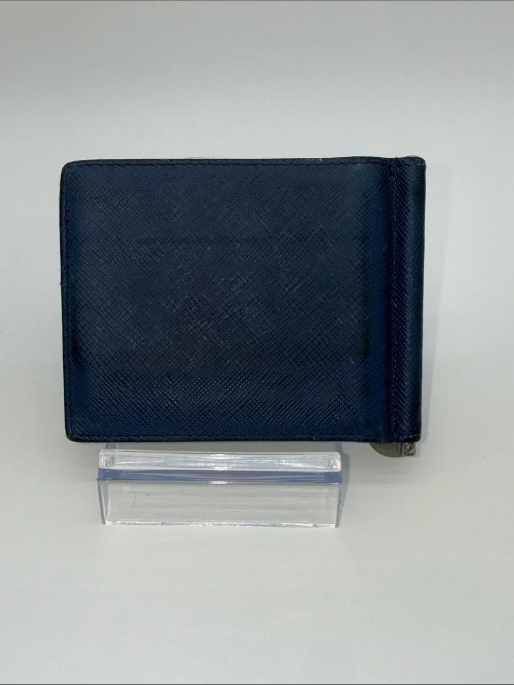 Prada Navy Saffiano Leather Money Clip Wallet with Gold Logo